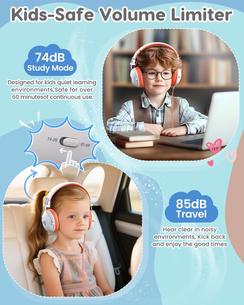 awatrue Kids Headphones for School, 74/85dB Safe Volume Limit, Stereo Sound, Wired On-Ear Headphones for Kids Boys Girls, 3.5mm Jack for Tablet, iPad, Kindle, YOTO Player, Airplane Travel, White - Image 2